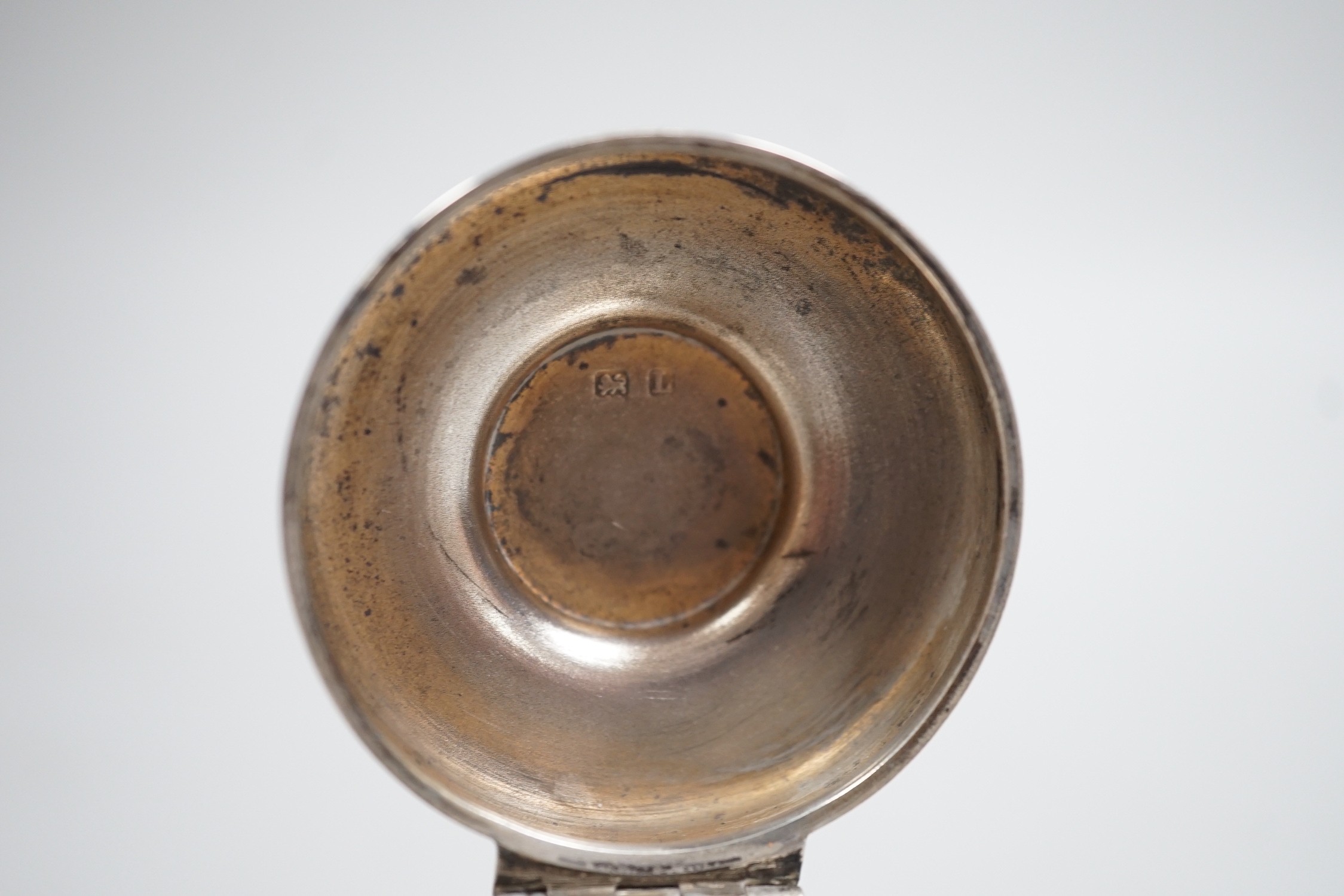 A George V silver mounted inkwell, modelled as a bell, Birmingham, 1935, height 97mm.